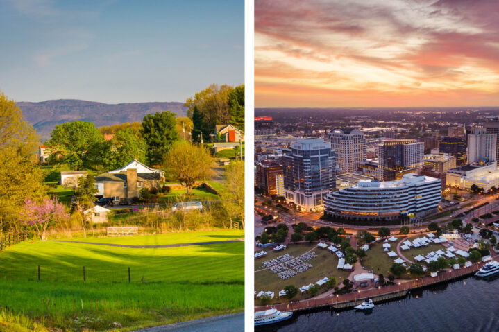 Split image: Left picture depicting rural Shenandoah Valley, VA. Right picture depicting downtown Norfolk, VA.